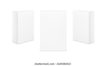 Realistic cardboard boxes mockup set. Front and perspective views. Vector illustration isolated on white background. Can be use for food, medicine, cosmetic and etc. Ready for your design. EPS10.	