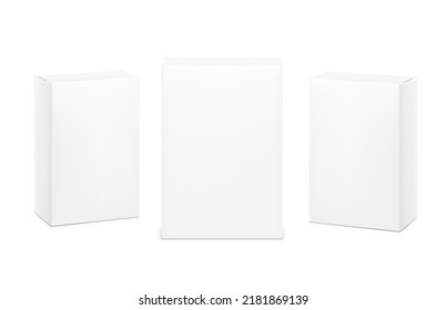 Realistic cardboard boxes mockup set. Front and perspective views. Vector illustration isolated on white background. Can be use for food, medicine, cosmetic and etc. Ready for your design. EPS10.	