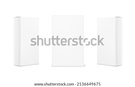 Realistic cardboard boxes mockup set. Front and perspective views. Vector illustration isolated on white background. Can be use for food, medicine, cosmetic and etc. Ready for your design. EPS10.	