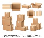 Realistic cardboard boxes. Paper parcels, post
