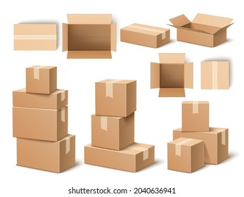 Realistic cardboard boxes. Paper parcels, post - Shutterstock ID 2040636941