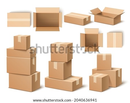 Realistic cardboard boxes. Paper parcels, post