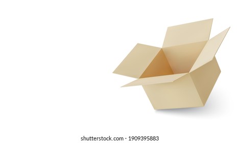 Realistic cardboard brown delivery box with shadow isolated on white background. Open box. Vector illustration