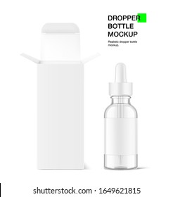 Realistic cardboard packaging box mockup with dropper bottle mockup isolated on white background.Vector illustration.  Сan be used for cosmetic, medical and other needs. EPS10.