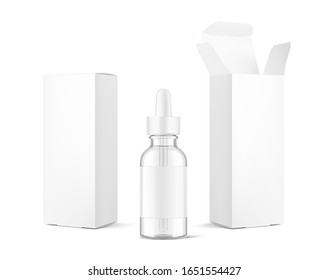 Realistic cardboard packaging box mockup with dropper bottle mockup isolated on white background.Vector illustration.  Сan be used for cosmetic, medical and other needs. EPS10.