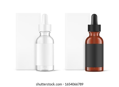 Realistic cardboard packaging box mockup with dropper bottle mockup isolated on white background.Vector illustration.  Сan be used for cosmetic, medical and other needs. EPS10.