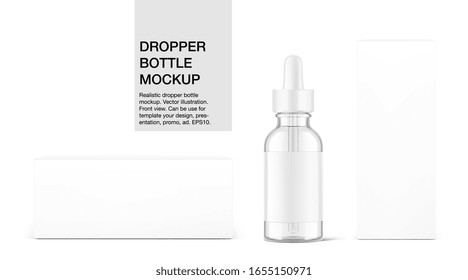 Realistic cardboard packaging box mockup with dropper bottle mockup isolated on white background.Vector illustration.  Сan be used for cosmetic, medical and other needs. EPS10.