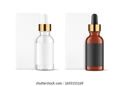 Realistic cardboard packaging box mockup with dropper bottle isolated on white background.Vector illustration.  Сan be used for cosmetic, medical and other needs. EPS10.