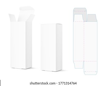 Realistic cardboard packaging box mockup with lay out draw. Vector illustration isolated on white background. Can be use for medicine, food, cosmetic and other. Ready for your presentation. EPS10.