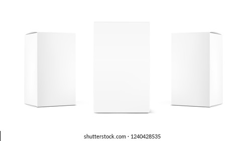 Realistic cardboard packaging boxes mockup. Vector illustration isolated on white background. Can be use for medicine, food, cosmetic and other. Ready for your design. EPS10.