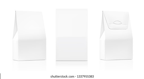 Realistic cardboard packaging boxes mockup set. Front, rear and perspective view. Vector illustration isolated on white background. Can be use for medicine, food, cosmetic and etc. EPS10.