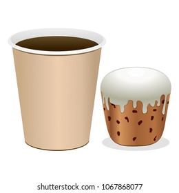 Realistic cardboard paper cup of coffee and cake. Isolated on white background. Vector illustration. Packaging design element for branding.