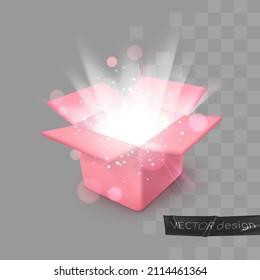 Realistic cardboard pink surprise box with light flash, explosion, sparkles. Look like 3d. Isolated on transparent. Vector illustration for card, party, design, flyer, poster, banner, web, advertising