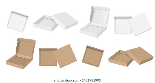 Realistic cardboard and white pizza box package mockup. Isolated open cardboard pizza boxes,craft paper food packing template . Vector 3d style