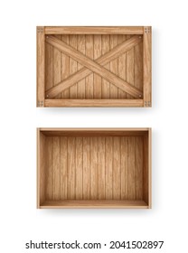 Realistic cargo boxes mockup template illustration. Empty wooden box crate made of planks. Open and closed wooden boxes with old planks.