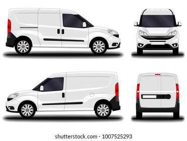 Realistic Cargo Van. Front View; Side View; Back View.