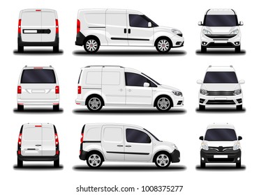 Realistic Cargo Van. Front View; Side View; Back View.