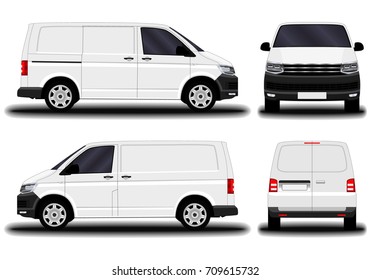 Realistic Cargo Van. Front View; Side View; Back View.