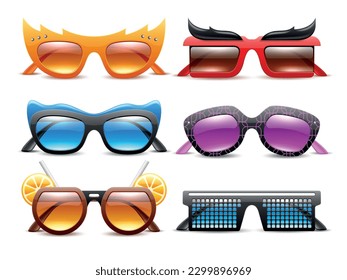 Gafas de carnaval realistas. Gafas de sol divertidas de fiesta, diferentes formas y colores, marcos decorativos, protección de ojos del sol, accesorios de moda, elementos aislados en 3d, conjunto de vectores absolutos