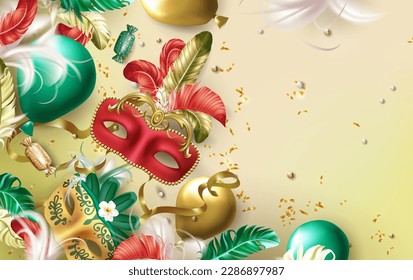 Realistic carnival mask and confetti top view. Birthday elements. Balloons and festive gifts. Surprise event. Holiday celebration. Venice masquerade. Vector exact festive frame design