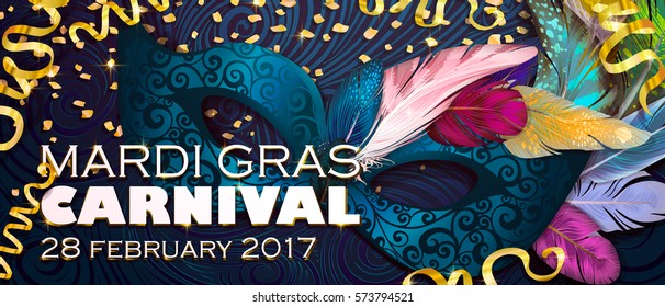 Realistic carnival mask, feathers, for invitation flyers, web banner, separated elements under mask. Vector illustration,colorful background. Mardi Gras Carnival 28 february 2017