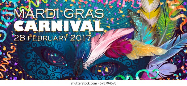 Realistic carnival mask, feathers, for invitation flyers, web banner, separated elements under mask. Vector illustration,colorful background. Mardi Gras Carnival 28 february 2017