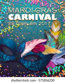 Realistic carnival mask, feathers, for Mardi Gras invitation flyers, web banner, separated elements under mask. Vector illustration,colorful background. Mardi Gras Carnival 28 february 2017