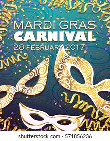 Máscara de carnaval realista, oro, para los volantes de invitación del Mardi Gras, banner web, elementos separados bajo máscara. Ilustración vectorial, fondo colorido. Carnaval de Mardi Gras 28 de febrero de 2017