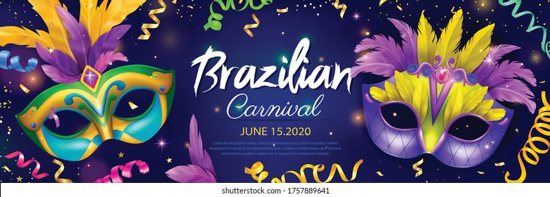 Realistic carnival mask horizontal poster with brazilian carnival headline and event date vector illustration