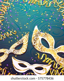 Realistic carnival mask for Mardi Gras invitation flyers, web banner, separated editable elements under mask. Vector illustration,colorful background for Mardi Gras, Carnival, 28 february,...