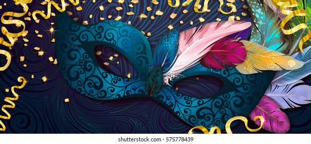 Realistic carnival mask for Mardi Gras invitation flyers, web banner, separated editable elements under mask. Vector illustration,colorful background for Mardi Gras, Carnival, 28 february,...