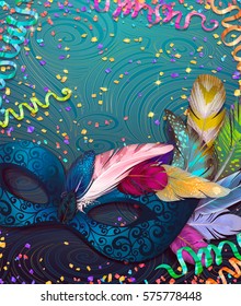 Máscara de carnaval realista para los volantes de invitación del Mardi Gras, banner web, elementos editables separados bajo máscara. Ilustración vectorial, fondo colorido para el Mardi Gras, Carnaval, 28 de febrero,...