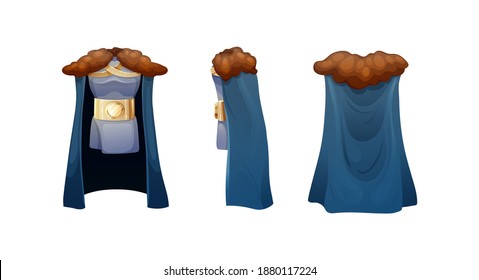 Realistic carnival medieval king cloak costume. Cloak costume of military leader, commander in chief with fur collar. Carnival costume, mockup festive clothing front back behind view vector