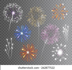 Realistic carnival multicolored firework explodes on transparent background isolated vector illustration