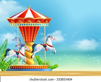 Realistic carousel with three horses on summer sky background vector illustration