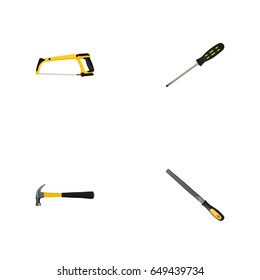 Realistic Carpenter, Arm-Saw, Sharpener And Other Vector Elements. Set Of Instruments Realistic Symbols Also Includes Arm, Emery, Appliance Objects.