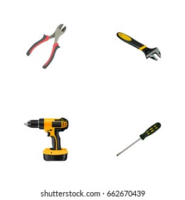 Realistic Carpenter, Electric Screwdriver, Forceps And Other Vector Elements. Set Of Tools Realistic Symbols Also Includes Carpenter, Wrench, Drill Objects.