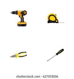Realistic Carpenter, Electric Screwdriver, Length Roulette And Other Vector Elements. Set Of Construction Realistic Symbols Also Includes Roller, Tape, Drill Objects.