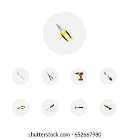 Realistic Carpenter, Electric Screwdriver, Pliers And Other Vector Elements. Set Of Tools Realistic Symbols Also Includes Drill, Hammer, Electric Screwdriver Objects.