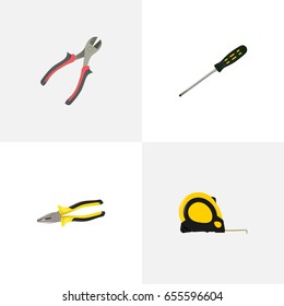 Realistic Carpenter, Pliers, Length Roulette And Other Vector Elements. Set Of Instruments Realistic Symbols Also Includes Measure, Roller, Screwdriver Objects.