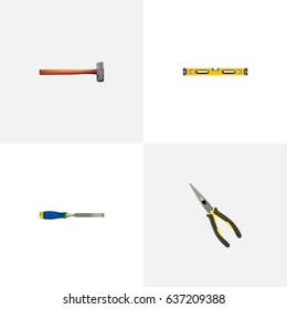 Realistic Carpenter, Plumb Ruler, Handle Hit Vector Elements. Set Of Construction Realistic Symbols Also Includes Noise, Long, Chisel Objects.