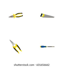 Realistic Carpenter, Scissors, Hacksaw And Other Vector Elements. Set Of Tools Realistic Symbols Also Includes Scissors, Hacksaw, Clippers Objects.