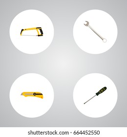 Realistic Carpenter, Stationery Knife, Spanner And Other Vector Elements. Set Of Instruments Realistic Symbols Also Includes Tool, Screwdriver, Cutter Objects.