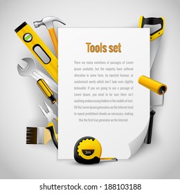 Realistic carpenter tools background frame with hammer saw pliers wrench screwdriver and measuring tape vector illustration