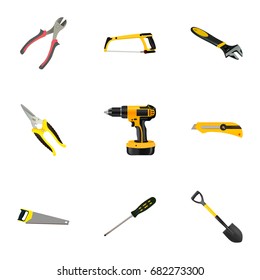 Realistic Carpenter, Wrench, Stationery Knife And Other Vector Elements. Set Of Tools Realistic Symbols Also Includes Spanner, Screwdriver, Scissors Objects.