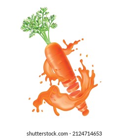 Realistic carrot juice composition with whole vegetable with leaves and slices surrounded by splashes of juice vector illustration