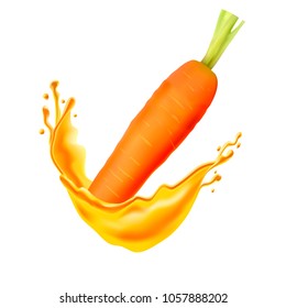 Realistic carrot with juice splash isolated on a background, vector illustration