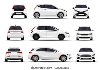 realistic cars set. hatchback. front view, side view, back view.