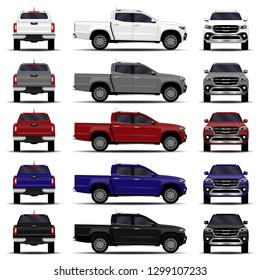 realistic cars set. truck, pickup. front view; side view; back view.