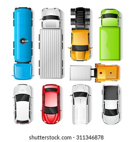 Realistic cars and trucks top view set isolated vector illustration